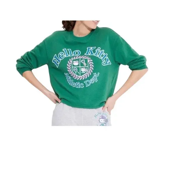 Hello Kitty Sanrio Athletic Cropped Crew Neck Kelly Green Tennis Sweater Sz XL - Picture 9 of 9